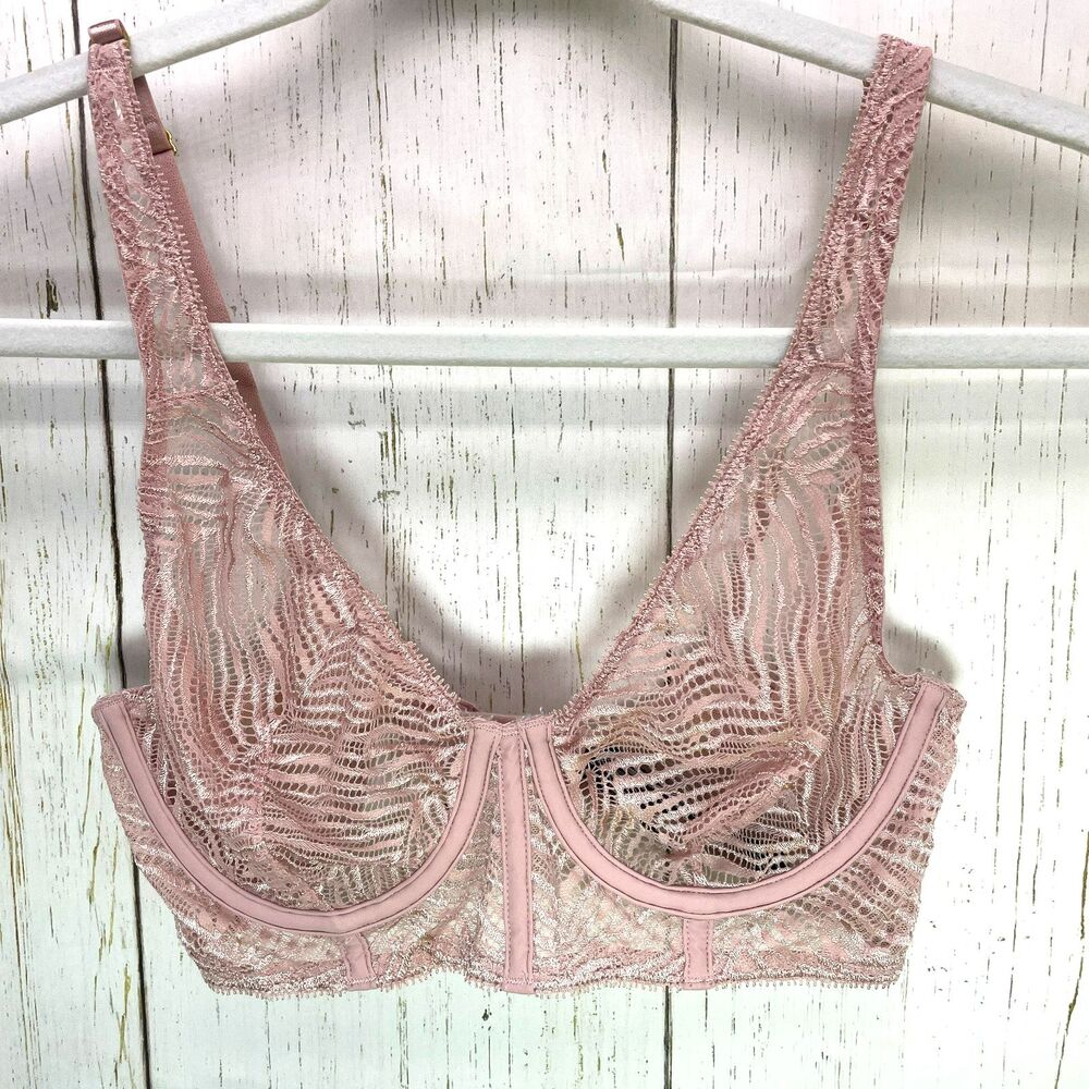Victorias Secret Womens Size 32D Pink Lace Unlined Plunge Bra Underwire